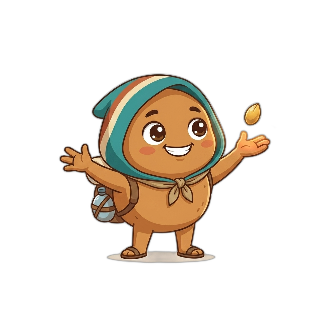 Remi, a tiny hooded desert wanderer, raising the last seeds in triumph